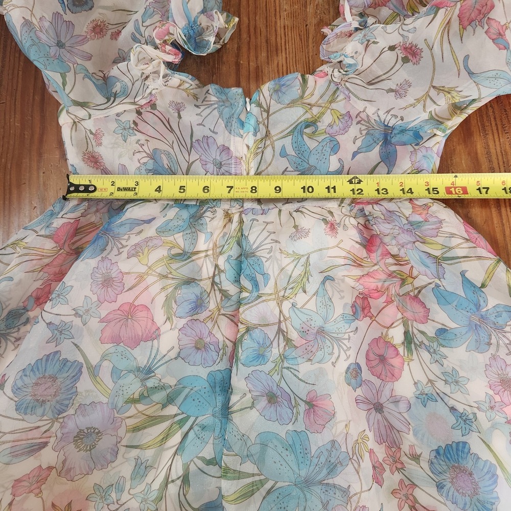 Forever 21 Floral Pastel Organza Puff Sleeve Babydoll Mini Dress Vtg Y2K Medium - Picture 15 of 16